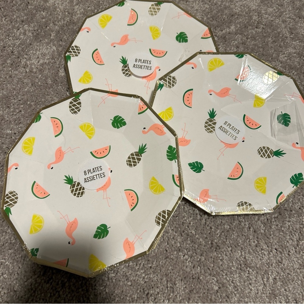 Meri Meri 3 Packs Of 8 Disposable Plates Flamingo Watermelon Pineapple